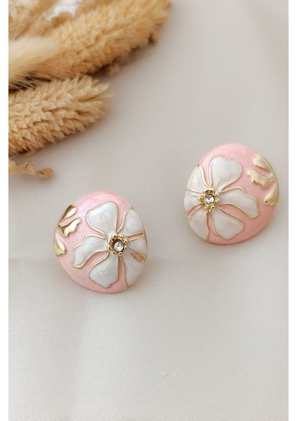 Gold Pembe Çiçek Motifli Luxury Mine Dolgu Renkli Tasarım Küpe fiyatları