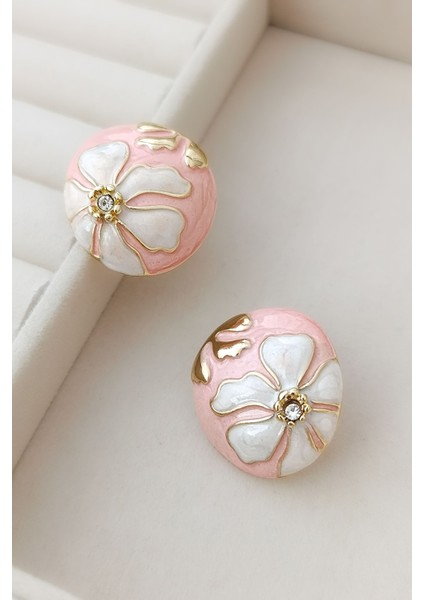 Gold Pembe Çiçek Motifli Luxury Mine Dolgu Renkli Tasarım Küpe modelleri