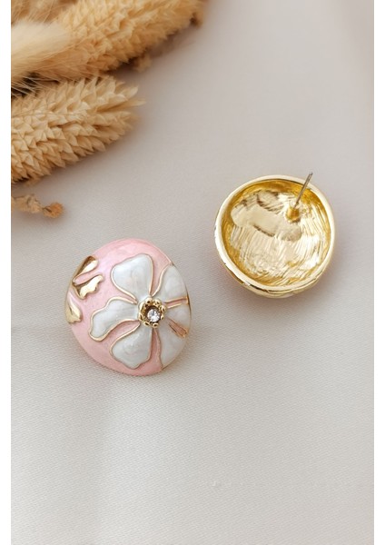 Gold Pembe Çiçek Motifli Luxury Mine Dolgu Renkli Tasarım Küpe fırsatları