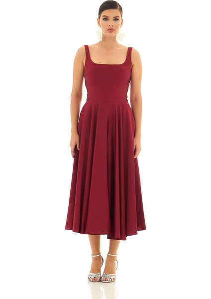 Kadın Sırt Dekolteli Midi Saten Abiye Elbise 58131 Bordo