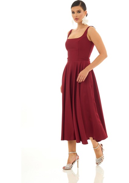 Kadın Sırt Dekolteli Midi Saten Abiye Elbise 58131 Bordo modelleri