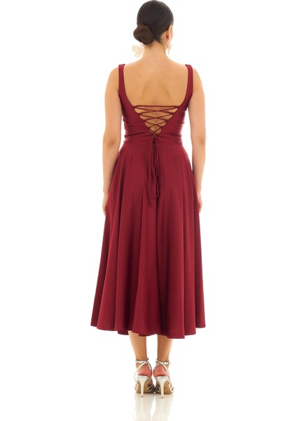 Kadın Sırt Dekolteli Midi Saten Abiye Elbise 58131 Bordo fırsatları