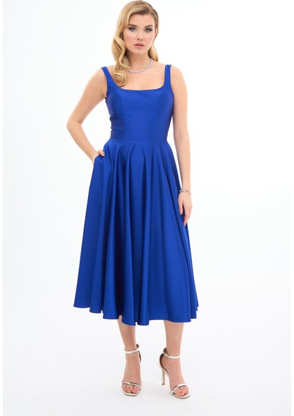 Kadın Sırt Dekolteli Midi Saten Abiye Elbise 58131 Saks