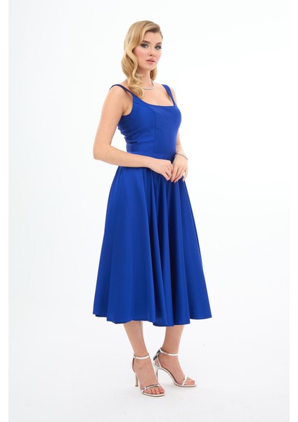 Kadın Sırt Dekolteli Midi Saten Abiye Elbise 58131 Saks modelleri