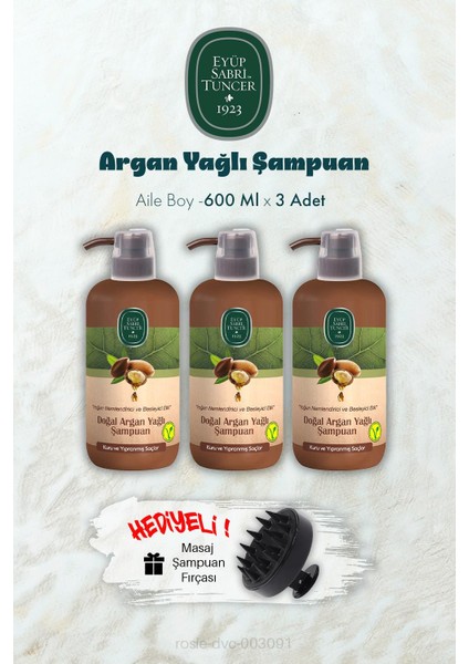 3 Adet Argan Yağlı Şampuan 600 ml ve Şampuan Fırçası Hediyeli