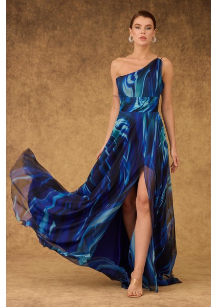 Kadın Tek Kol Yırtmaçlı Empirme Abiye Elbise 58269 Saks