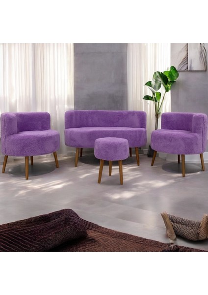 Lila Teddy Kumaş Çay Seti Ikili Koltuk Berjer ve Çift Kişilik Puf (Salon, Balkon, Ofis) 4'lü Takım