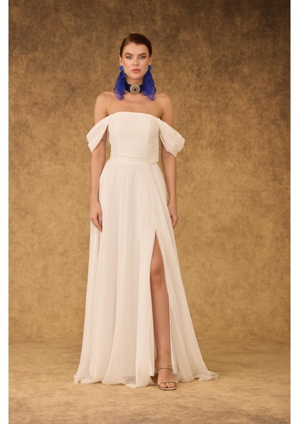 Kadın Şifon Düşük Kollu Uzun Abiye Elbise 58097 Ekru