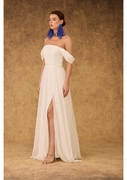 Kadın Şifon Düşük Kollu Uzun Abiye Elbise 58097 Ekru fiyatları