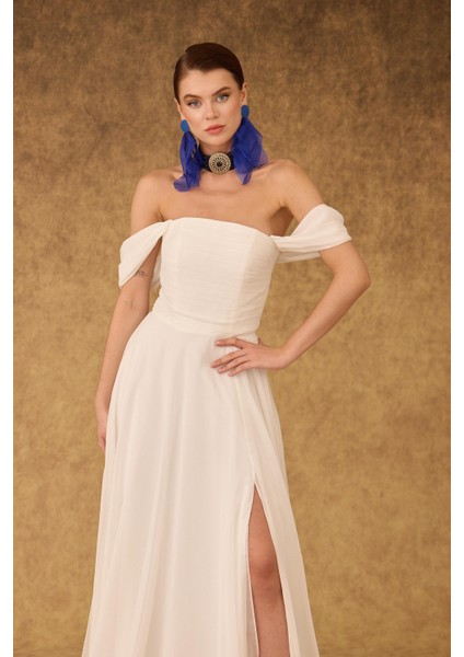 Kadın Şifon Düşük Kollu Uzun Abiye Elbise 58097 Ekru modelleri