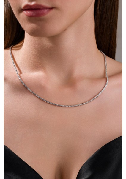 Gümüş 2 mm Beyaz Zirkon Taşlı Rodyumlu Pırlanta Montürlü Su Yolu Kolye