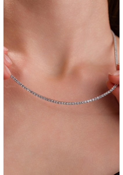 Gümüş 2 mm Beyaz Zirkon Taşlı Rodyumlu Pırlanta Montürlü Su Yolu Kolye fiyatları