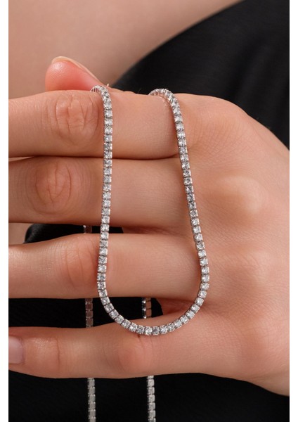 Gümüş 2 mm Beyaz Zirkon Taşlı Rodyumlu Pırlanta Montürlü Su Yolu Kolye modelleri