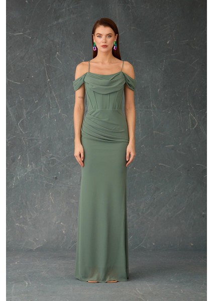 Kadın Askılı Uzun Şifon Abiye Elbise 58464 Çağla