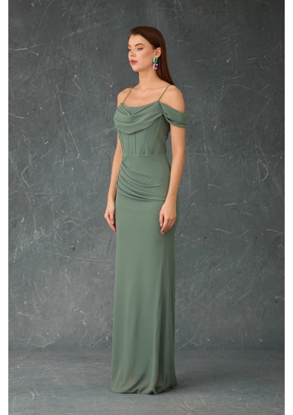 Kadın Askılı Uzun Şifon Abiye Elbise 58464 Çağla fiyatları