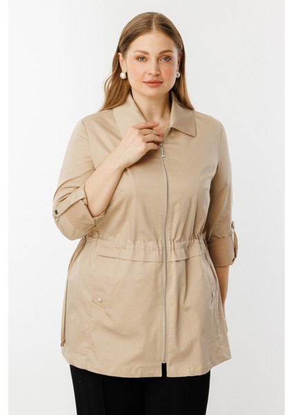 Kadın Büyük Beden Beli Lastikli Fermuarlı Trenç 7544 Taş