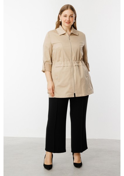 Kadın Büyük Beden Beli Lastikli Fermuarlı Trenç 7544 Taş fiyatları