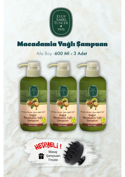 3 Adet Macadamia Yağlı Şampuan 600 ml ve Şampuan Fırçası Hediyeli