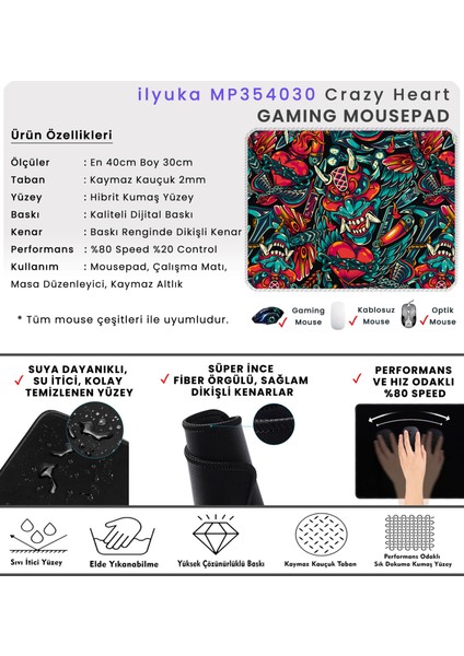 İlyuka Mouse Pad 40X30 cm Crazy Heart MP354030 Gaming Oyuncu Dikişli Kenar Pürüzsüz Yüzey Kaymaz Kauçuk Taban