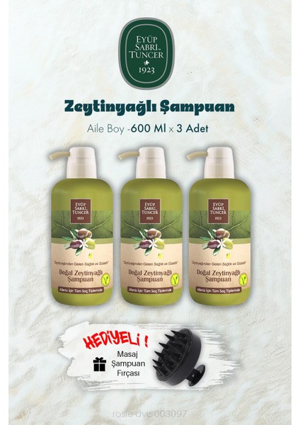3 Adet Zeytinyağlı Şampuan 600 ml ve Şampuan Fırçası Hediyeli