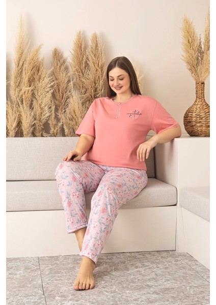 %100 Pamuk Çiçek Desenli Büyük Beden Kısa Kol Kadın Pijama Takımı