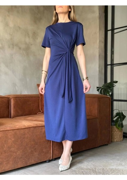 Osy Modal Yumuşak Dokulu Kumaş Yandan Bağlamalı Elbise - Lacivert