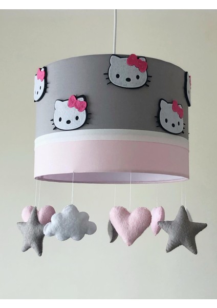 Hello Kitty Figürlü Gri Pembe Renkli Tasarım Bebek/çocuk Odası Avize Aydınlatma