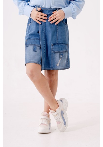 Kız Çocuk Şeritli Kot Şort Etek 2875