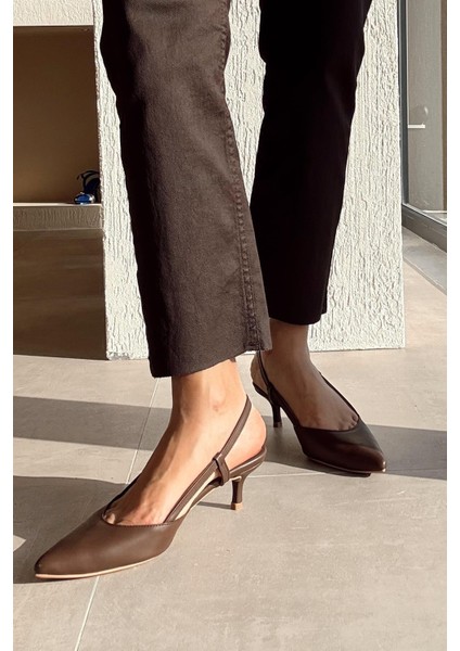 Moon Kahverengi Hakiki Deri Topuklu Ayakkabı