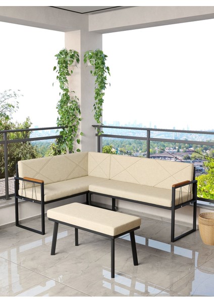 Src Serisi Balkon, Bahçe, Cafe, Köşe Takımı, Balkon Köşe Takımı Puflu - Krem