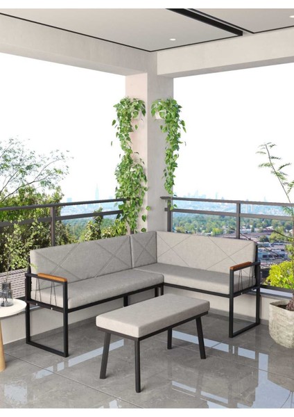 Src Serisi Balkon, Bahçe, Cafe, Köşe Takımı, Balkon Köşe Takımı Puflu - Açık Gri
