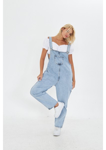Mavi Ayarlanabilir Askılı Cepli Oversize Kesim Denim Salopet