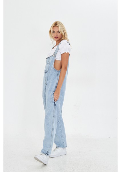 Mavi Ayarlanabilir Askılı Cepli Oversize Kesim Denim Salopet