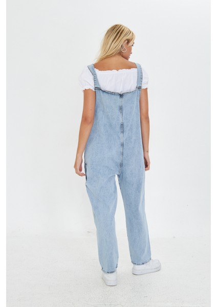 Mavi Ayarlanabilir Askılı Cepli Oversize Kesim Denim Salopet