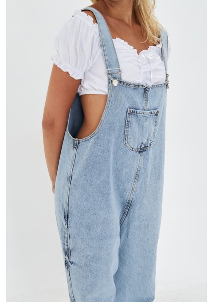 Mavi Ayarlanabilir Askılı Cepli Oversize Kesim Denim Salopet