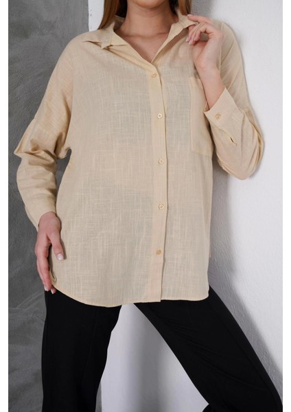 Kadın Taş Oversize Uzun Keten Gömlek