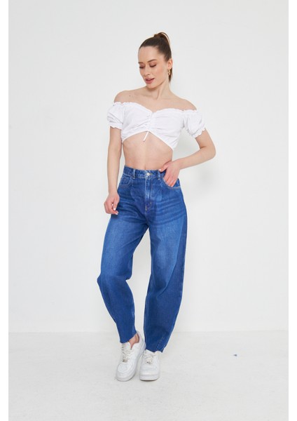 Mavi Bol Kesim Yüksek Bel Balloon Fit Baggy Jean Kot Salaş Kadın Pantolon