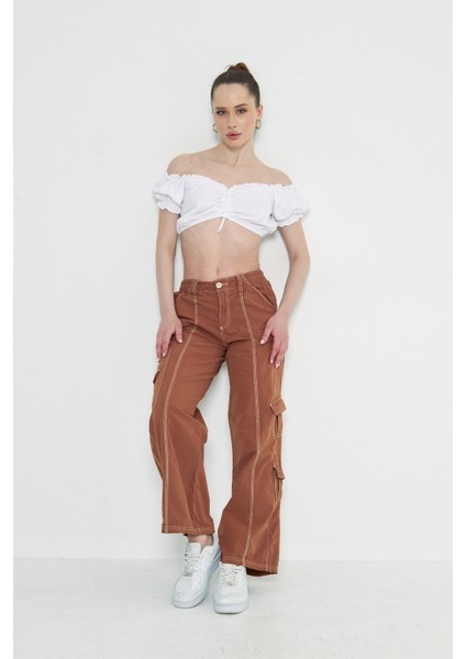 Camel Kargo Cepli Dikiş Detaylı Yüksek Bel Wide Leg Pantolon