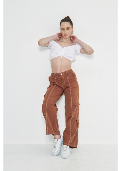 Camel Kargo Cepli Dikiş Detaylı Yüksek Bel Wide Leg Pantolon