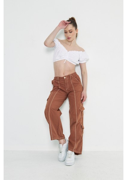 Camel Kargo Cepli Dikiş Detaylı Yüksek Bel Wide Leg Pantolon
