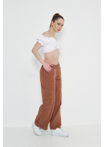 Camel Kargo Cepli Dikiş Detaylı Yüksek Bel Wide Leg Pantolon