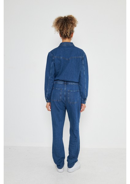 Denim Rahat Kalıp Cıt Cıt Kapamalı Tulum