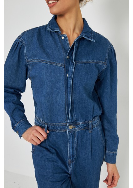 Denim Rahat Kalıp Cıt Cıt Kapamalı Tulum