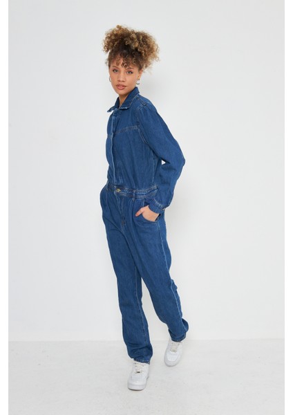 Denim Rahat Kalıp Cıt Cıt Kapamalı Tulum