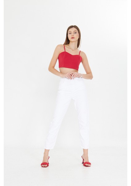 Beyaz Yüksek Bel Iç Göstermez Premium Mom Jean