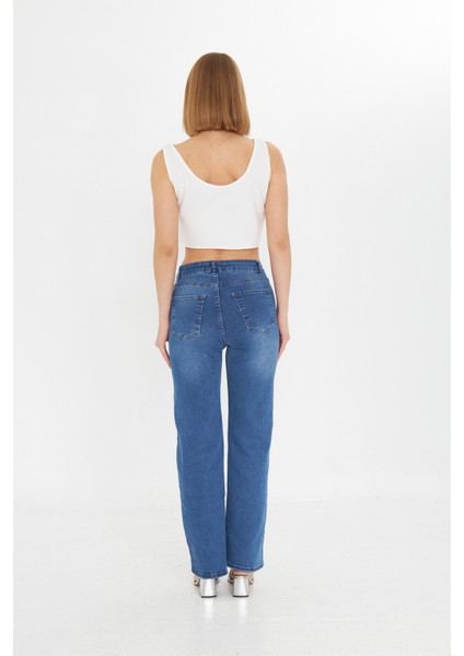 Mavi Yüksek Bel Kar Yıkama Likralı Geniş Paça Palazzo Jeans