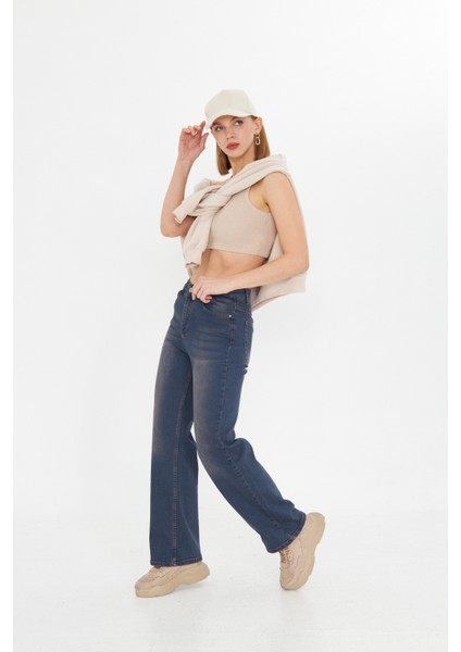 Lacivert Wide Leg Yüksek Bel Uzun Jean Yıkamalı Pantolon modelleri