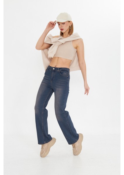Lacivert Wide Leg Yüksek Bel Uzun Jean Yıkamalı Pantolon fırsatları