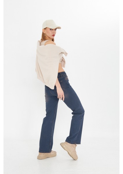 Lacivert Wide Leg Yüksek Bel Uzun Jean Yıkamalı Pantolon