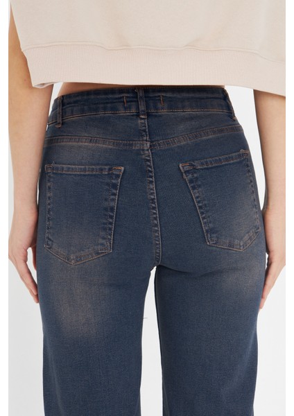 Lacivert Wide Leg Yüksek Bel Uzun Jean Yıkamalı Pantolon